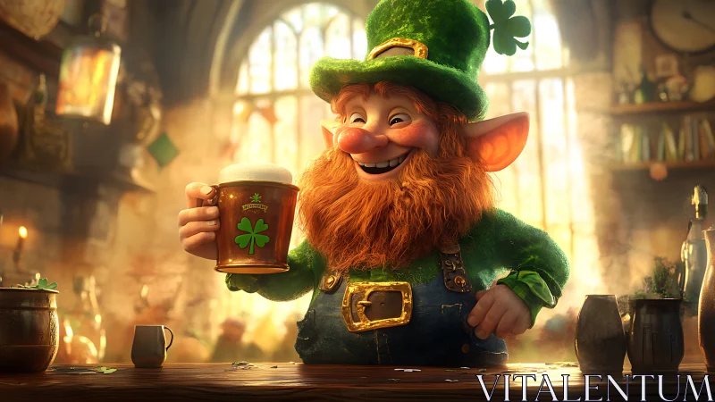 Cartoon leprechaun holding beer mug in pub interior scene.
