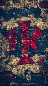 Weathered red emblem painted on distressed brick wall.