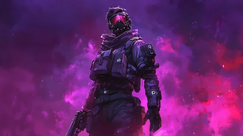 Masked cyber soldier stands in neon smoke-filled battlefield
