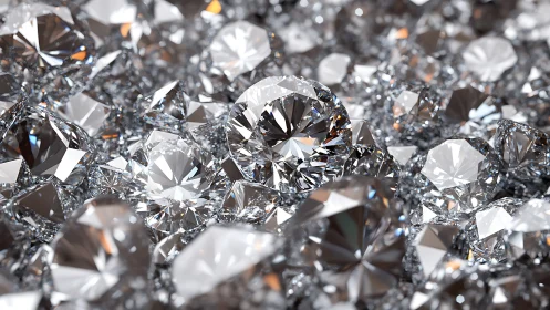 Cut diamonds scatter light across reflective silver field.