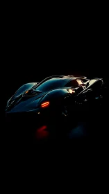 Dark studio shot of low lit black futuristic sports car.