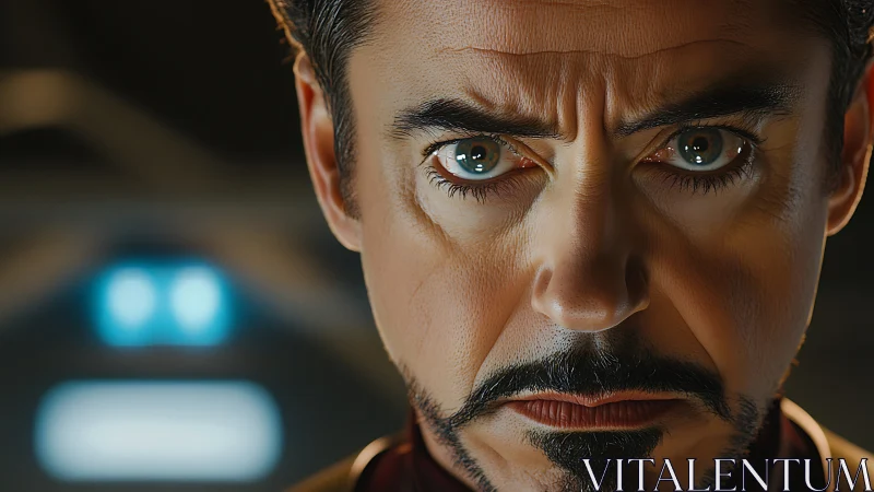 Intense close-up of determined tech hero in soft light.