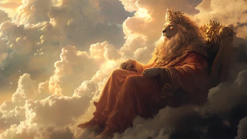 Lion-headed monarch seated on ornate throne amid clouds.