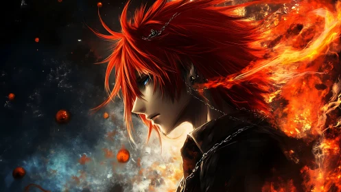 Fiery red-haired anime warrior in profile amid cosmic flames.