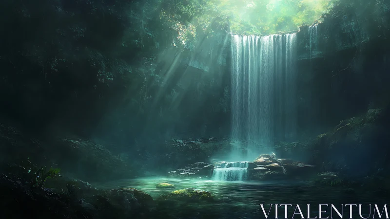 Mystic forest waterfall with ethereal turquoise pool