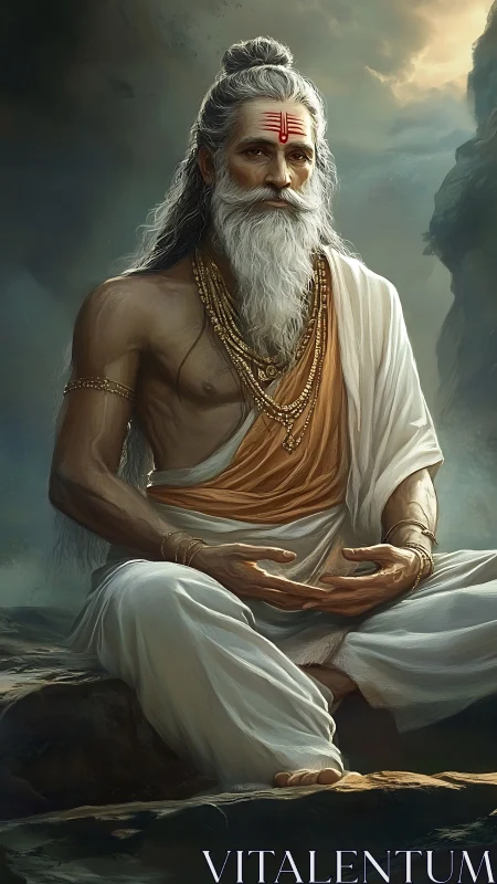 Mountain sage in golden dusk, wrapped in quiet thunder.