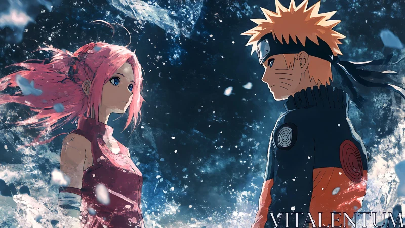 Snow-lit anime duel scene with opposing elemental energies.