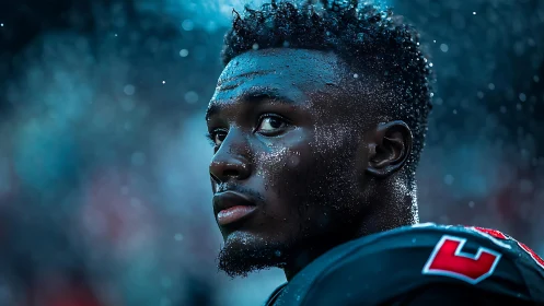 Sweat‑coated football defender in rain‑lit stadium closeup.
