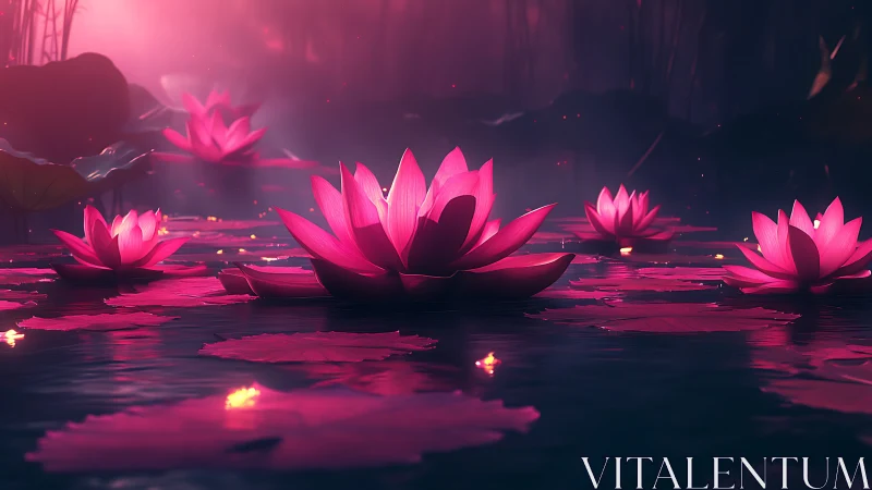 Midnight lotus lanterns drifting across a dreamlit pond.