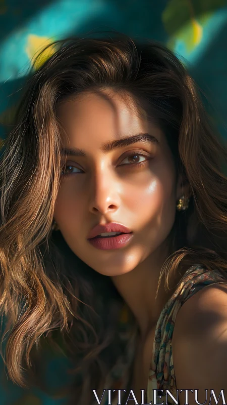 Sunlit muse gazes through dappled shadows in teal haze.