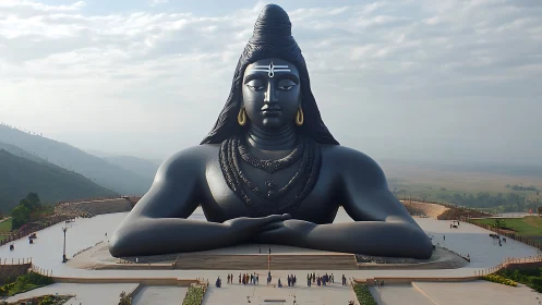 Large seated Shiva statue dominates open landscape setting