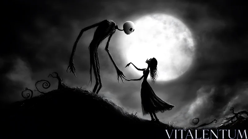 Two stylized figures stand silhouetted before a full moon