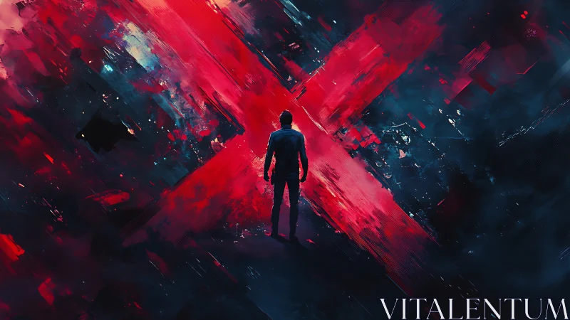 Solitary figure confronts luminous red X in abstract void
