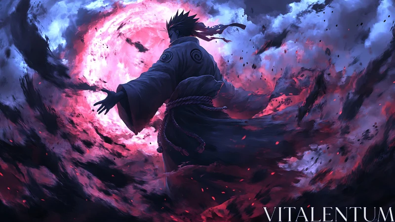 Dark robed warrior faces swirling red and blue vortex sky.