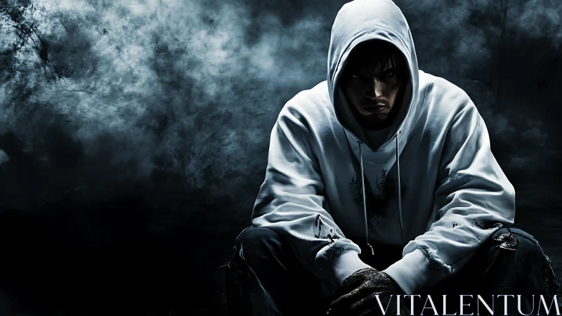 Hooded male figure seated against dark smoky backdrop.