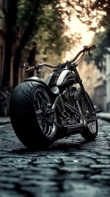 Custom chopper motorcycle on wet cobblestone street at dusk.