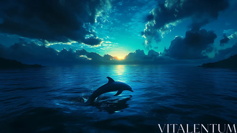 Dolphin leaping in glowing blue ocean at sunset