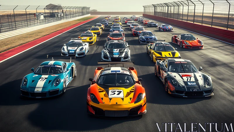 Grid of GT race cars lined up on sunlit circuit.