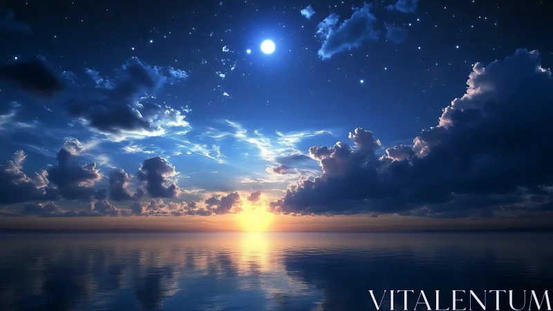 Twilight sky over calm ocean with clouds and reflections.