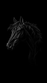 Graceful black horse portrait glowing in soft moonlit lines.