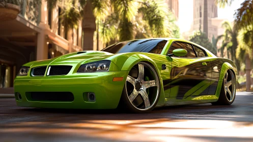 Lime green muscle car glows under sunlit palm boulevard.
