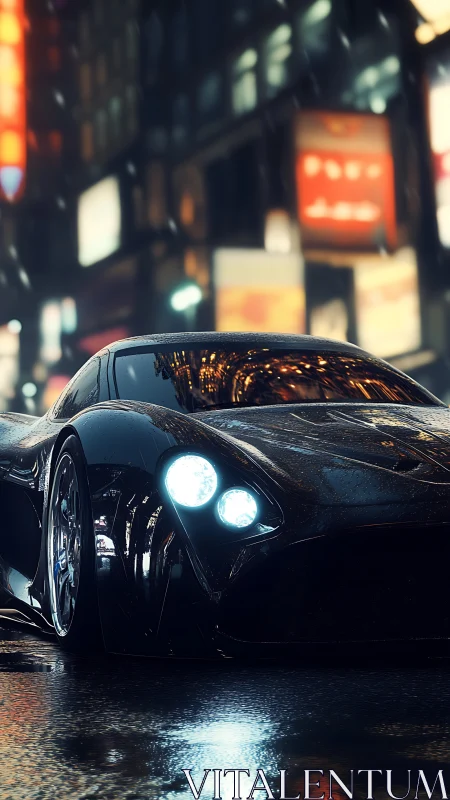 Sleek black sports car on wet neon city street at night.