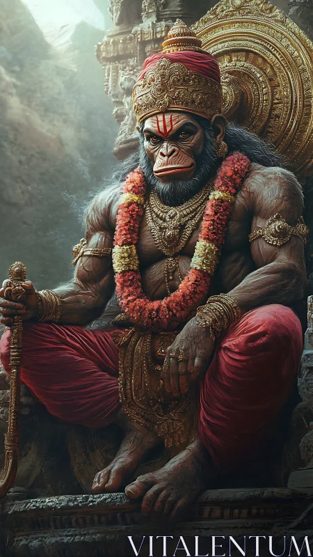 Powerful monkey deity seated in ornate temple setting.