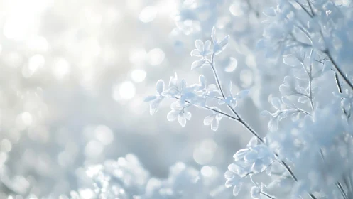 Frost-encased botanical specimens with bokeh luminescence and shallow depth.