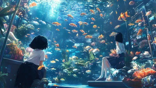 Two girls watch colorful fish in a glowing underwater room.