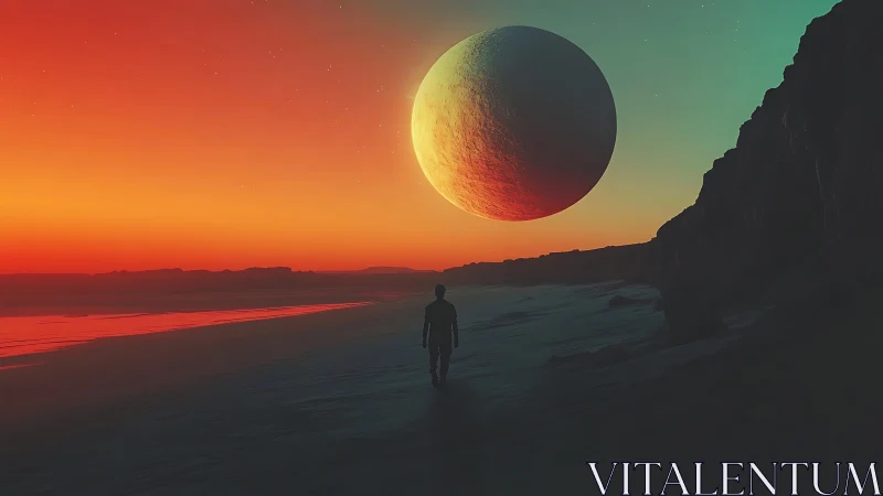 Solitary figure beneath colossal surreal twilight sphere.