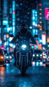 Midnight rider cleaves neon rain through cyberpunk streets