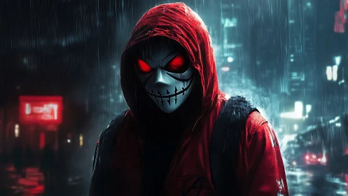 Hooded urban phantom with glowing red eyes in neon rain.