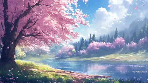 Blossom-laden riverside daydream beneath spring clouds.