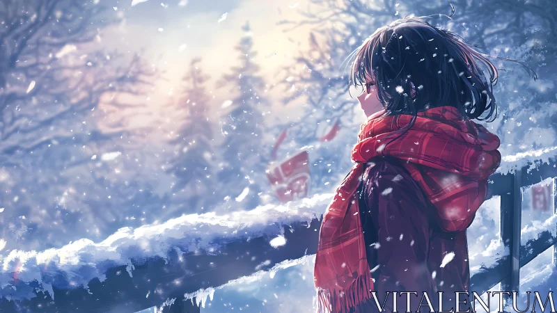 Winter portrait of girl in red scarf amid drifting snowfall.