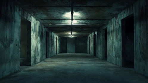 Cinematic concrete corridor with moody overhead lighting design.