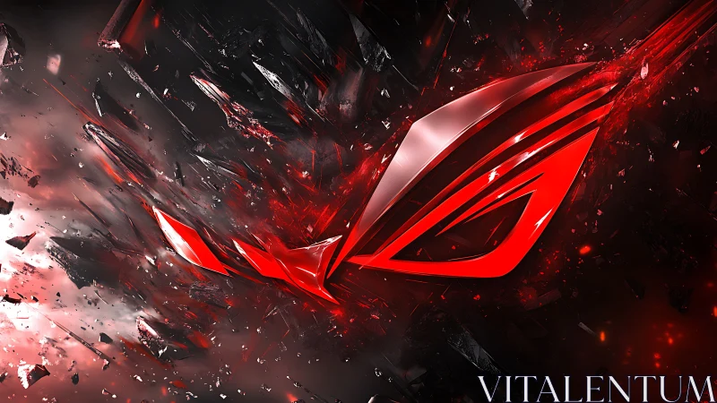 Angular red emblem explodes through fragmented dark glass field