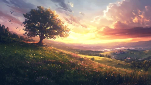 Lone hillside tree under radiant cinematic sunset sky.