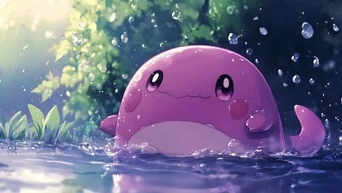 Pink water creature splashes under soft forest sunlight.