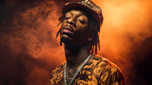 Tattooed man in orange smoke with cap and chains.