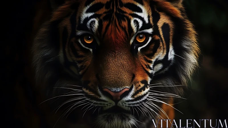 Intense tiger portrait emerges from shadow with burning gaze