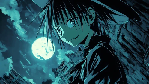 Nocturnal anime rogue under cyan moonlit ruins composition.