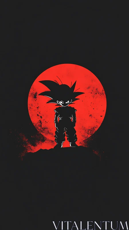 Silhouetted spiky-haired warrior against red grunge moon circle