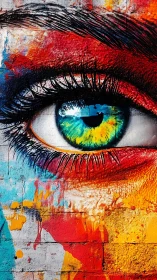 Vivid street mural eye with saturated splashes of color.