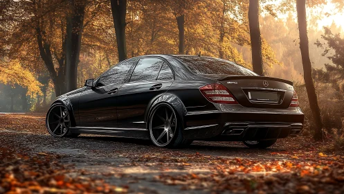 Black performance sedan prowls through molten autumn light
