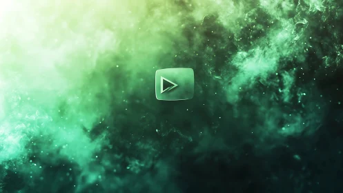 Play icon floats in teal green cosmic nebula cloud field