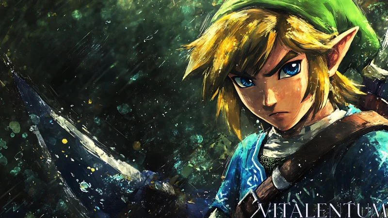 Sword-ready elf warrior glares through splattered forest light