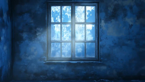 Old blue window reveals bright cloudy sky beyond