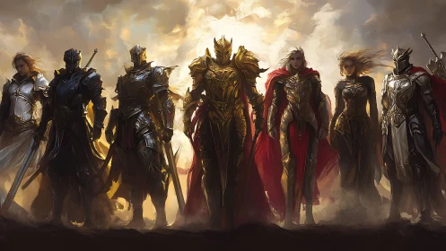 Golden armored paladin vanguard under stormlit celestial sky