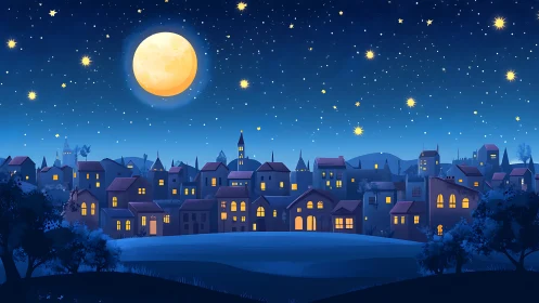 Moonlit town skyline under a clear starry night sky.