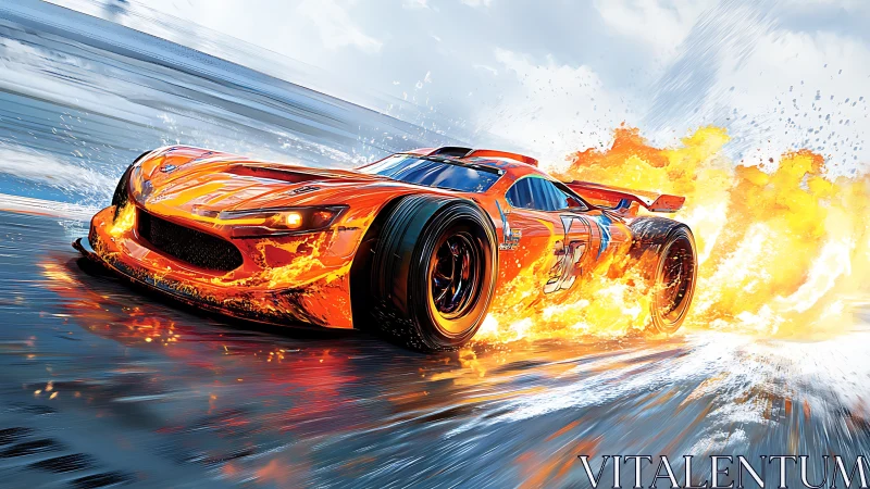 Orange racing car on wet track with trailing flames.